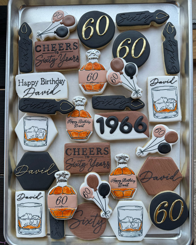 Example: bourbon-themed 60th birthday cookies